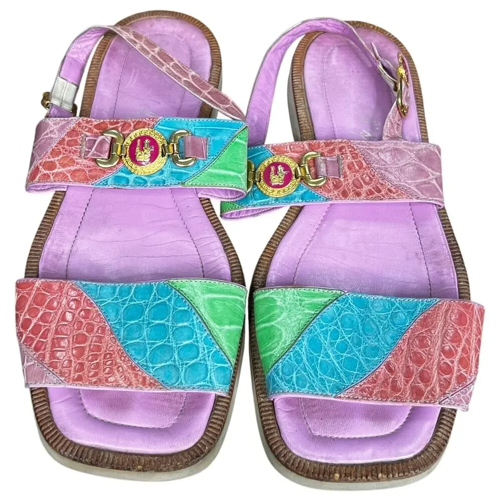Vintage Wendel’s Italian Made Pastel Pink Blue Alligator Sandals Size US 11/11.5